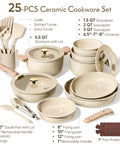 25 Piece Ceramic Cookware Set With Removable Handles, Nonstick Pots and Pans, showing various pans, lids, and kitchen tools
