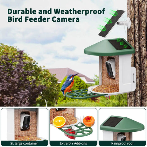 Solar Powered AI Bird Feeder With Camera, 2K HD Live Stream, Instant Arrival Alerts, Identifies 10,000 Bird Species, Green