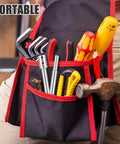 2 Piece Forstner Bit Extension Kit With Slick 3/8 Inch Shank Grip, Adds A Dang Sturdy 5.19 And 8.74 Inch Deep Reach, Rock Solid Alloy Steel Tool Turning Dense Woodworking Into Pure Smooth Sailing Comfort tools in a pocket apron, including wrenches, screwdrivers, and a hammer.