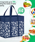Foldable Reusable Grocery Bags Four Pack With Reinforced Handles And Waterproof Coating Heavy Duty Tote Bags 35L Blue
