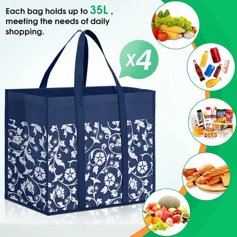 Foldable Reusable Grocery Bags Four Pack With Reinforced Handles And Waterproof Coating Heavy Duty Tote Bags 35L Blue