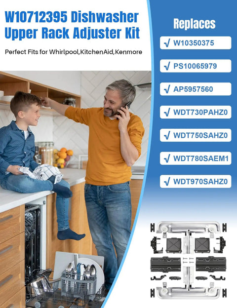 Father and son using a Top Notch 20 Piece Dishwasher Upper Rack Adjuster Kit Replacement Parts with models listed on side