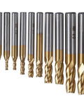 Front view: 10-piece titanium-coated 4-flute end mills with straight shanks.
