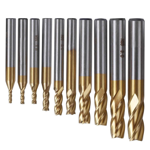 Front view: 10-piece titanium-coated 4-flute end mills with straight shanks.