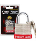 One And One Quarter Inch Laminated Steel Padlock With Vinyl Bumper And Brass Keys displayed in packaging