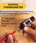 Digital Thermometer With 8.38 Inch Stainless Steel Probe for Food and Lab Use shown with protective sheath on wooden surface.