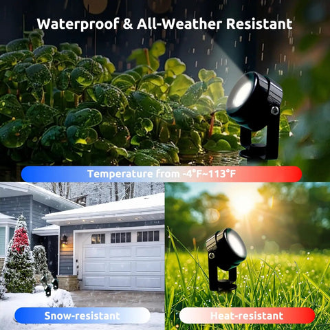 8 Pack Smart RGBW Outdoor Landscape Lights With IP65 Waterproof, Low Voltage, App And Remote Control in garden and snow.