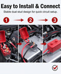 Installation steps of Dual Pack 30A 12V Circuit Breakers With Clear Covers And Red Indicators showing stud connections.