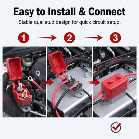 Installation steps of Dual Pack 30A 12V Circuit Breakers With Clear Covers And Red Indicators showing stud connections.