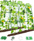 U Shaped Garden Trellis For Raised Beds Outdoor Climbing Plants, Built Tough Metal Arch Support For Tomatoes Peppers Cucumbers Peas Zucchini, Improves Airflow And Sunlight, 47.2In L By 30In W By 47.2In H with green netting and cucumber plants.
