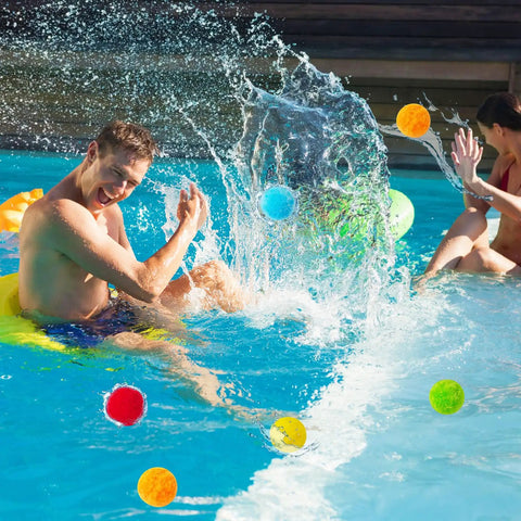 60-Piece Reusable Water Balloons Set With Soft Splash Balls For Outdoor Water Games in pool, people enjoying summer fun.