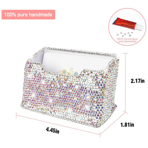 Crystal Rhinestone Card Holder Desk Stand For Office Boss Glam Bling Display With White Crystal Accessories shown with dimensions