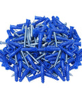 Ribbed Nylon Wall Anchors Set One And One Quarter Inch With Screws Blue For Drywall And Concrete Sizes Ten To Twelve, 100 Pack Includes Phillips Pan Head Screws Durable Plastic Anchor Kit For Shelves Mirrors And Cabinets.