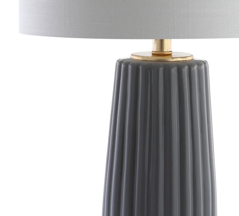 Gray 28.5 Inch Modern Ceramic Table Lamp With Fluted Base And White Linen Shade, Gold Accent, Energy Efficient LED Bulb Included, Perfect Nightstand Or Living Room Accent Light