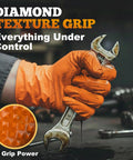 Orange nitrile mechanic glove with diamond-texture grip; close-up of hand gripping a wrench