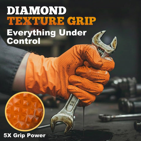 Heavy Duty Nitrile Gloves Orange 8 Mil With Raised Diamond Texture Grip Latex Free And Powder Free Disposable Mechanic Work Gloves Built Tough For Grease Gasoline And Chemicals 50 Count Box Size Medium gripping wrench with diamond texture detail.