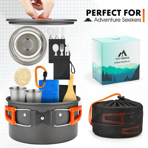 17 Piece Campout Friendly Camping Cookware Kit With Large Pot And Small Kettle Plus 7 Inch Frying Pan Includes 2 Cups 2 Plates 2 Sets Of Utensils For Hiking Backpacking Outdoor Cooking And Picnics