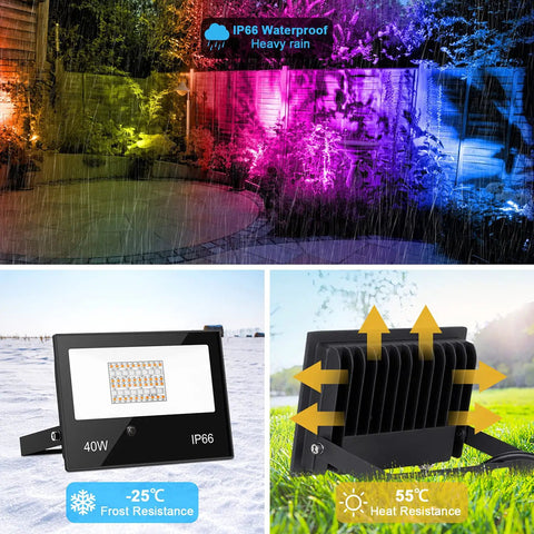 RGB LED Outdoor Flood Light 400W Equivalent With Color Change And Daylight 5700K Landscape Lighting Kit With Remote, Timer, IP66 Waterproof For Yard, Patio, Garage, 4 Pack