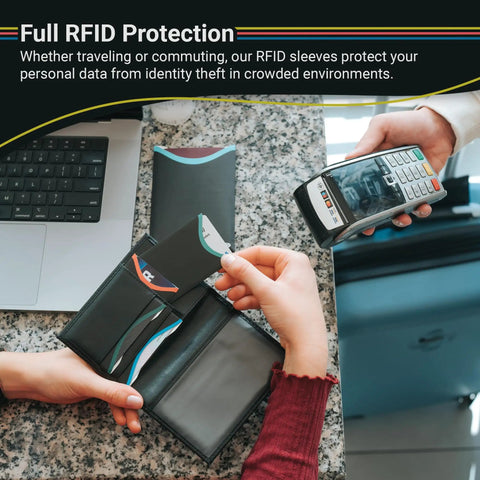 Person using Blocking Card And Passport Sleeves Set For Ultimate Identity Theft Protection No Fuss Protects Cards And Passports Slim Travel Wallet With Four Card Sleeves And Two Passport Sleeves Ideal For Travel And Everyday Use at cashier