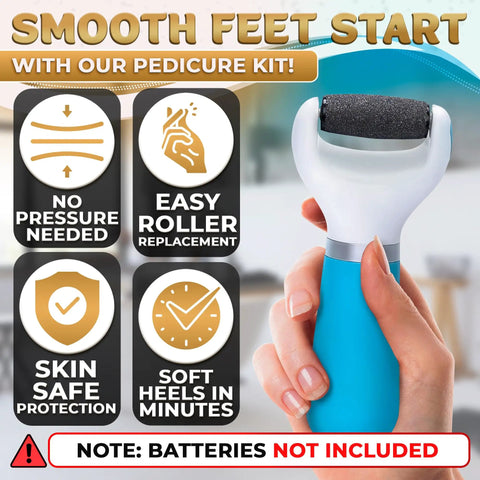 Battery Powered Foot Callus Remover For Dead Skin Exfoliation Easy At Home Pedicure Tool shown in hand with features list