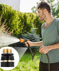 Man using Three Fourths Inch No Fuss Quick Connect Garden Hose Fittings Set Aluminum Connectors with rubberized grips