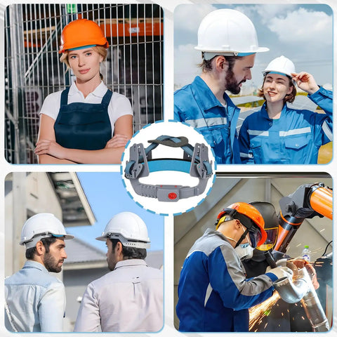 Workers wearing Keeps You Cool With Cooling 3 Layer Breathable Hard Hat Sweat Bands Set with helmets in construction and welding settings.