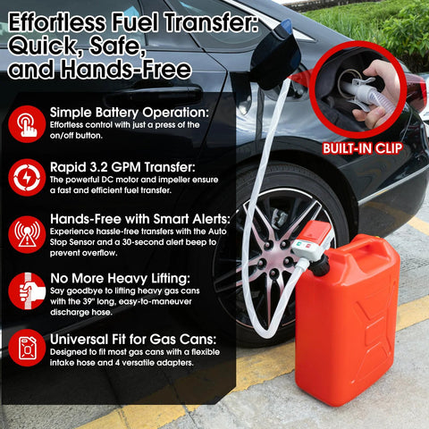 Gas Transfer Pump With Auto Stop Sensor And 30 Second Beep, 3.2 GPM Quick Fuel Transfer, Overfill Protection, 51 Inch Hose