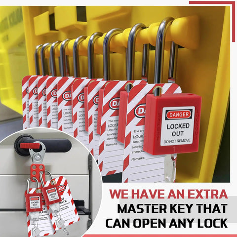 6 Set Lockout Tagout Locks Kit With 6 Red Padlocks, 2 Keys Per Lock And One Master Key, includes tags for industrial safety