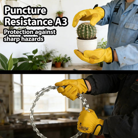 ANSI A9 Cut Resistant Leather Work Gloves With Reinforced Fingertips And Palm PM3401 Cowhide Safety Gloves handling a cactus and barbed wire.