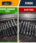 Comparison of chrome vanadium steel and alloy steel roll pin punch sets, showing nine-piece SAE range with knurled handles.