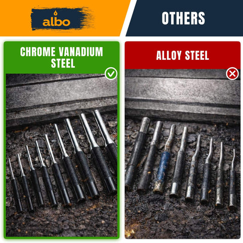 Comparison of chrome vanadium steel and alloy steel roll pin punch sets, showing nine-piece SAE range with knurled handles.