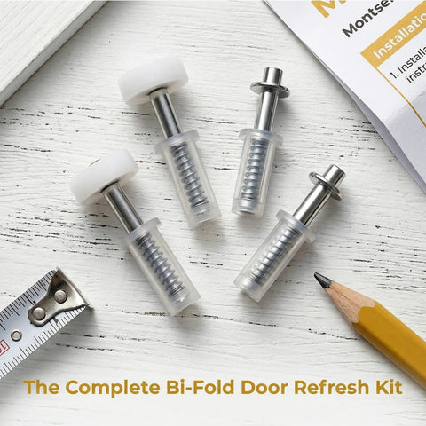 8 Pack Bifold Closet Door Hardware Kit With Top Roller Guide Wheels And Pivot Pins For Folding Doors shown on a table.