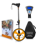 Foldaway Digital Distance Tracker Wheel With Illuminated Lcd Readout And Data Storage Built Ridiculously Tuff For Lawn And Job Site Use Roll Easy Outside Total Game Changer Includes Cozy Cloth Messenger Bag In Bright Yellow with packaging and display.
