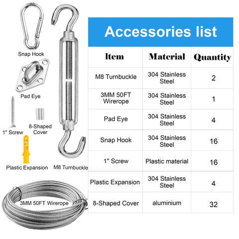 M8 Sunshade Hardware Kit With 50 Ft 3Mm Wire Rope For Triangle And Rectangle Shade Canopies, 304 Stainless Steel Awning Kit For Outdoor Patio Garden Lawn, Easy Installation And Durable Construction