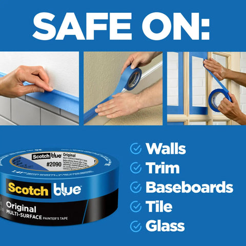 Multi Surface Painter Tape For Indoor And Outdoor Use 1.41 Inch Wide Blue 16 Rolls Easy Release Damage Free Removal Up To 14 Days Pro Grade Masking Tape For Clean Sharp Lines shown being applied on walls, trim, and baseboards.