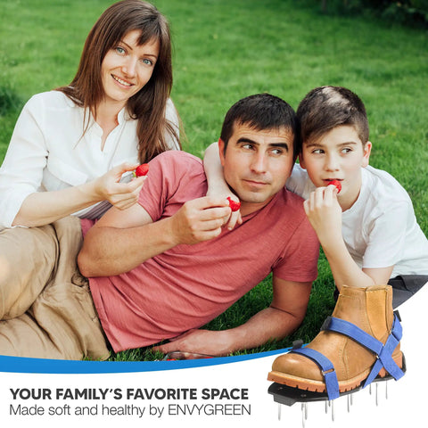 Family enjoying lawn with Ready To Use Lawn Aerator Shoes With Adjustable X Straps And Sturdy Spike Platform for soil aeration.