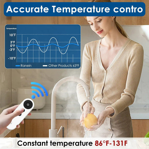 Woman using Instant Tankless Water Heater 240V 7kW Self Modulating With No Standby Losses for kitchen sink hot water.