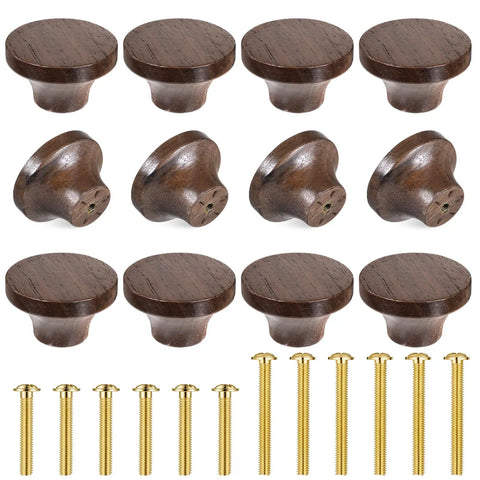12 Pack Round Walnut Wood Drawer Handles 1.53 Inch Single Hole Cabinet Knobs With Screws, shown with included screws
