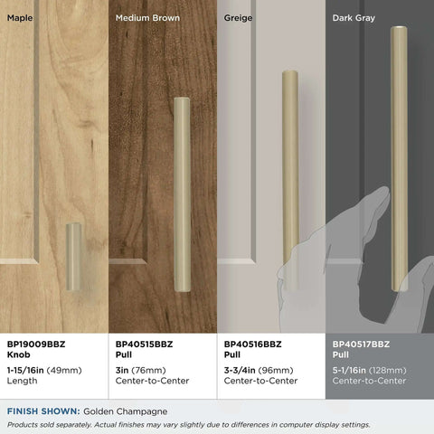10 Pack Golden Champagne Bar Pulls For Kitchen Cabinets And Furniture Drawers Feature A Precise 5 Inch Hole Center Spacing With A Sleek Contemporary Profile, display of various finishes on cabinetry.