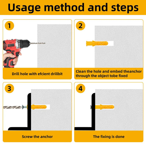 Heavy Duty Plastic Drywall Anchors Bulk Pack With Sleek Clear Storage Box guide showing steps for secure wall mounting