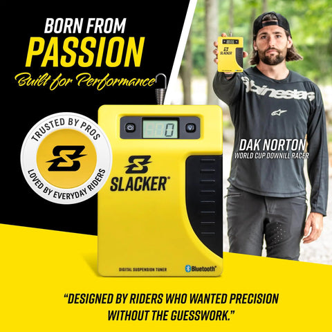 Man holding MTB Sag Tool Pro Digital Suspension Tuning Kit With One Person Axle Measurement next to promotional text