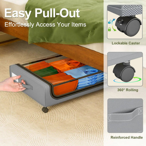 Under Bed Storage With Wheels 2 Pack 48L Lidded Rolling Bins for Shoes and Clothes Grey Narrow Metal Drawers under bed