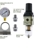 Components of Pro Grade Heavy Duty Airbrush Regulator With Gauge And Water Trap Filter for Moisture Free Airflow shown