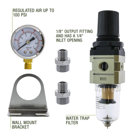 Components of Pro Grade Heavy Duty Airbrush Regulator With Gauge And Water Trap Filter for Moisture Free Airflow shown