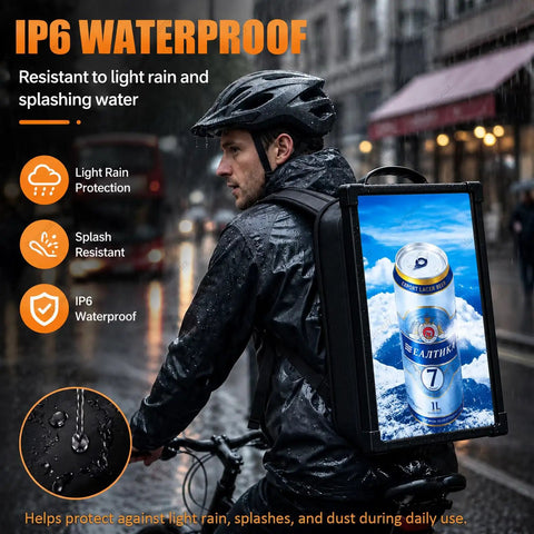 Portable Wearable Ad Backpack Packs 21.5 Inch Full HD LCD Screen With Built In Wifi Connectivity, Sunlight Readable Display, waterproof against light rain