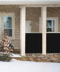 Privacy Screen For Fences 6 Ft By 50 Ft Heavy Duty Shade Cover With Brass Grommets Black Outdoor Back Yard Customizable Weather Resistant HDPE For Superior Privacy And UV Sun Shield Built Tough To Last installed on a porch.