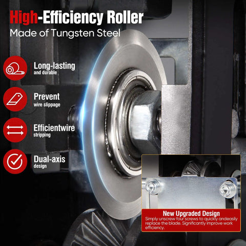 High-Efficiency Roller of Straight Up Manual Wire Stripping Machine For Copper Cable, tungsten steel, prevents wire slippage.