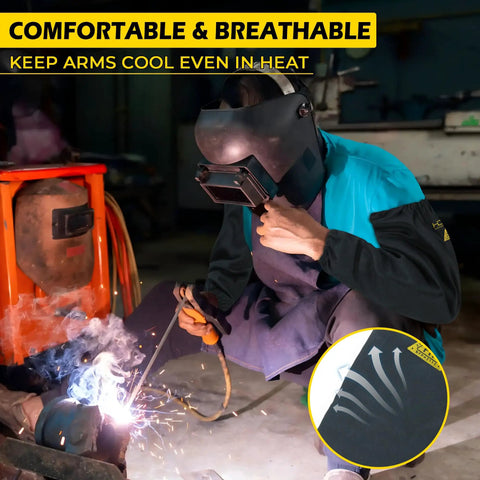 Welder wearing Flame Resistant Welding Sleeves For Men And Women One Size Arm Protection For Hot Work And Spatter Shield You Can Actually Rock FR Fabric Meets NFPA2112 EN11612 EN11611