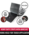 Close-up of industrial strength hook and loop fasteners with stick on adhesive, highlighting water resistance and holding power.