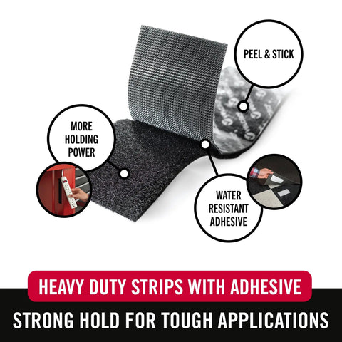 No Sweat Tool Free Heavy Duty Hook And Loop Strips Black 4 X 2 Inch Adhesive Mounting Tape showing peel and stick features for strong hold.